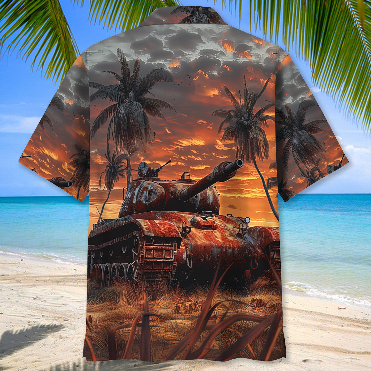 Heritage Old Soldier Tank Military Hawaiian Shirt Pattern View For Relaxed Warm Weather Outfits