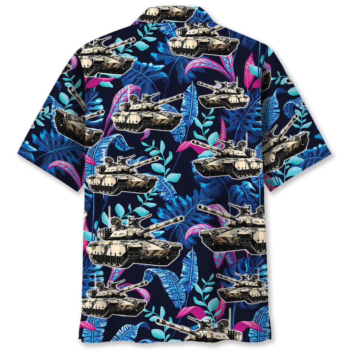 Tropical Tank Military Adventure Hawaiian Shirt Artwork Detail For Resort Trips And Outdoor Activities