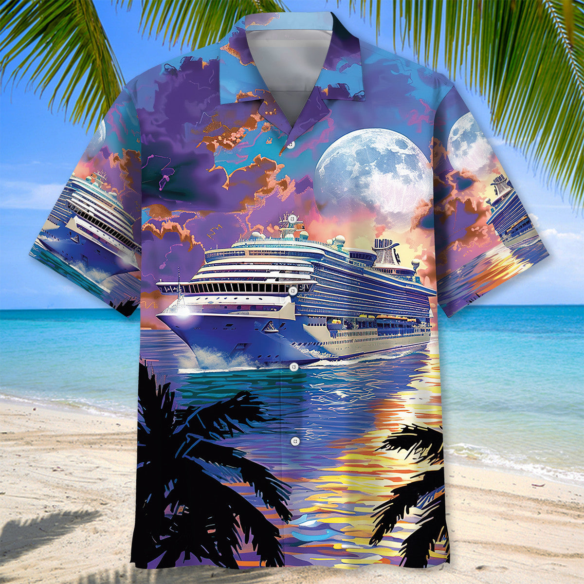 Ship Cruise Sunset Coastal Hawaiian Shirt For Summer Events And Casual Outdoor Wear