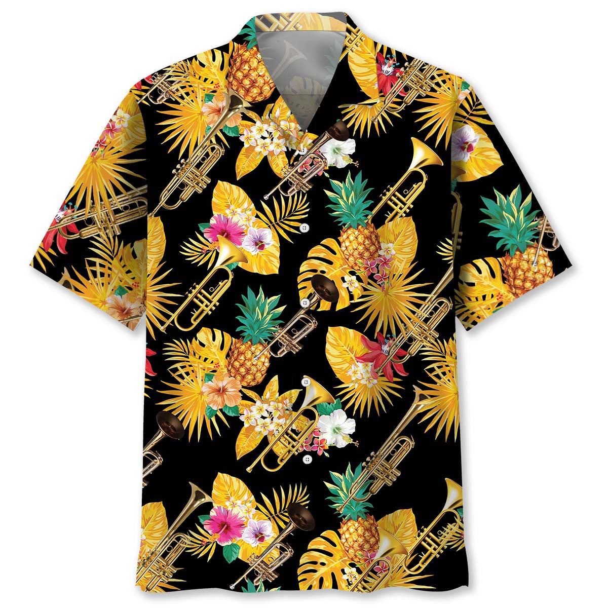 Yellow Tropical Music Trumpet Hawaiian Shirt For Summer Events And Casual Outdoor Wear