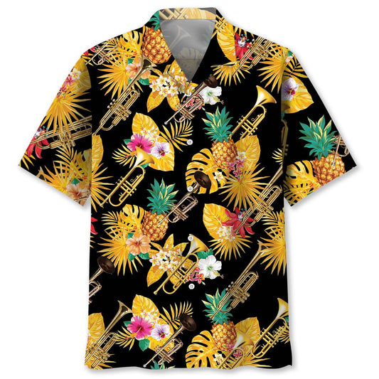 Yellow Tropical Music Trumpet Hawaiian Shirt For Summer Events And Casual Outdoor Wear