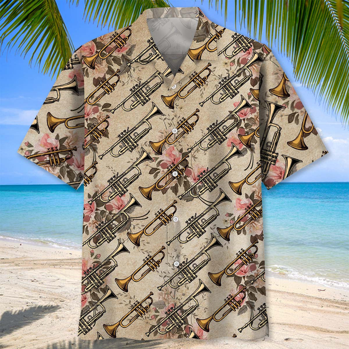 Vintage Floral Rose Trumpet Hawaiian Shirt Artwork Detail For Resort Trips And Outdoor Activities