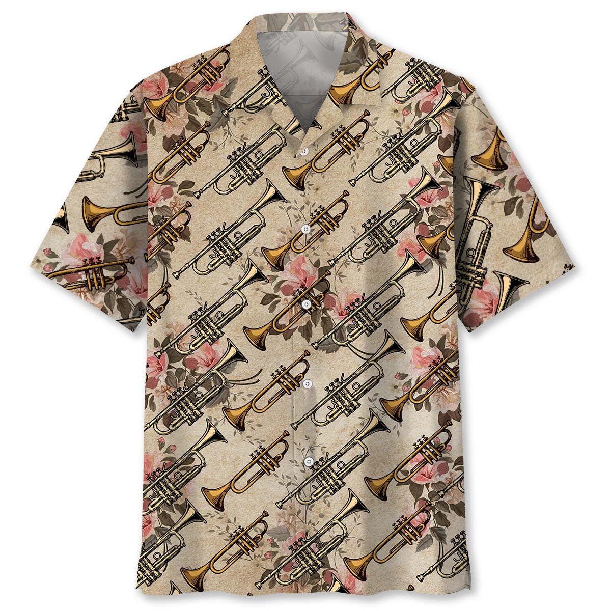 Vintage Floral Rose Trumpet Hawaiian Shirt Pattern View For Relaxed Warm Weather Outfits