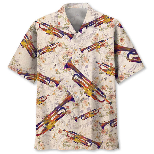 Vintage Floral Retro Trumpet Hawaiian Shirt For Beach Parties And Weekend Getaways