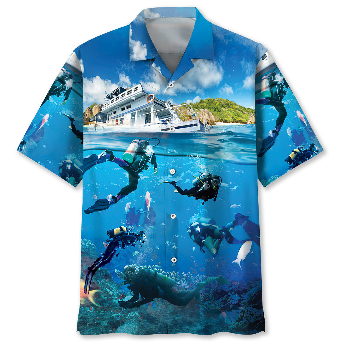 Scuba Diving Cruise Vacation Coastal Hawaiian Shirt Pattern View For Lightweight Everyday Style