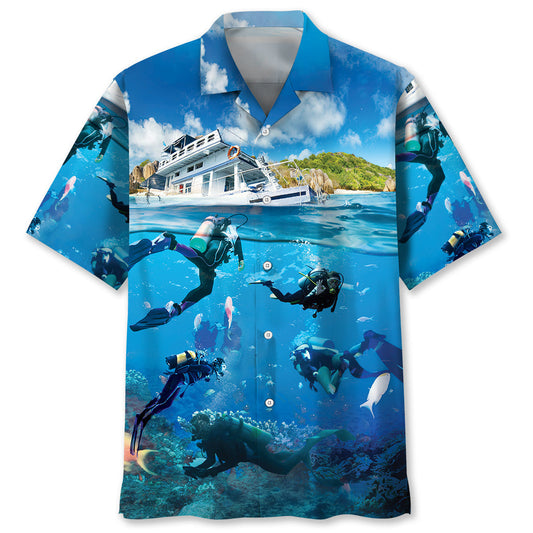 Scuba Diving Cruise Vacation Coastal Hawaiian Shirt Pattern View For Lightweight Everyday Style