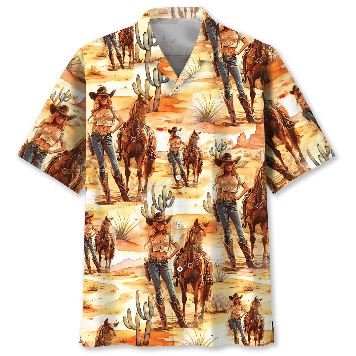 Western Desert Cowboy Cowgirl Hawaiian Shirt Artwork View For Weekend Travel And Beach Style
