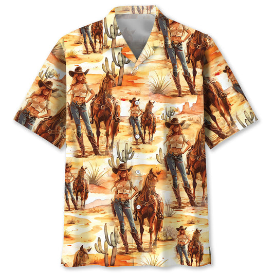 Western Desert Cowboy Cowgirl Hawaiian Shirt Artwork View For Weekend Travel And Beach Style
