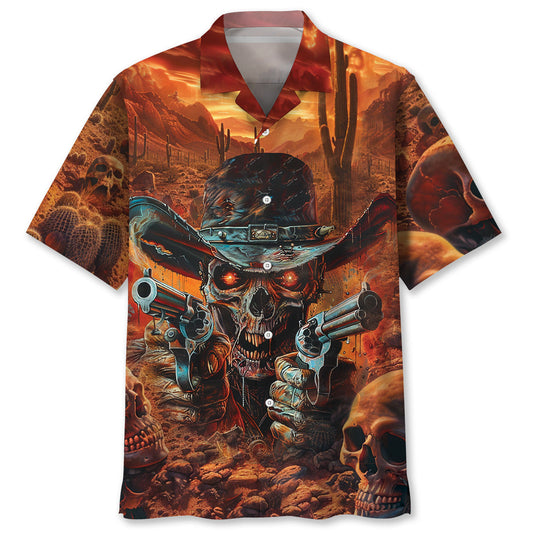 Western Skull Cowboy Sheriff Hawaiian Shirt Pattern View For Relaxed Warm Weather Outfits