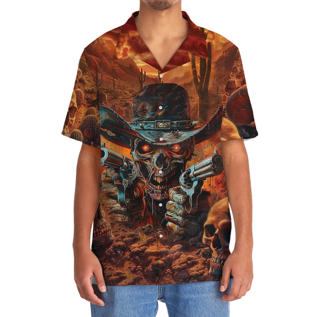 Western Skull Cowboy Sheriff Hawaiian Shirt Design View For Casual Summer Styling