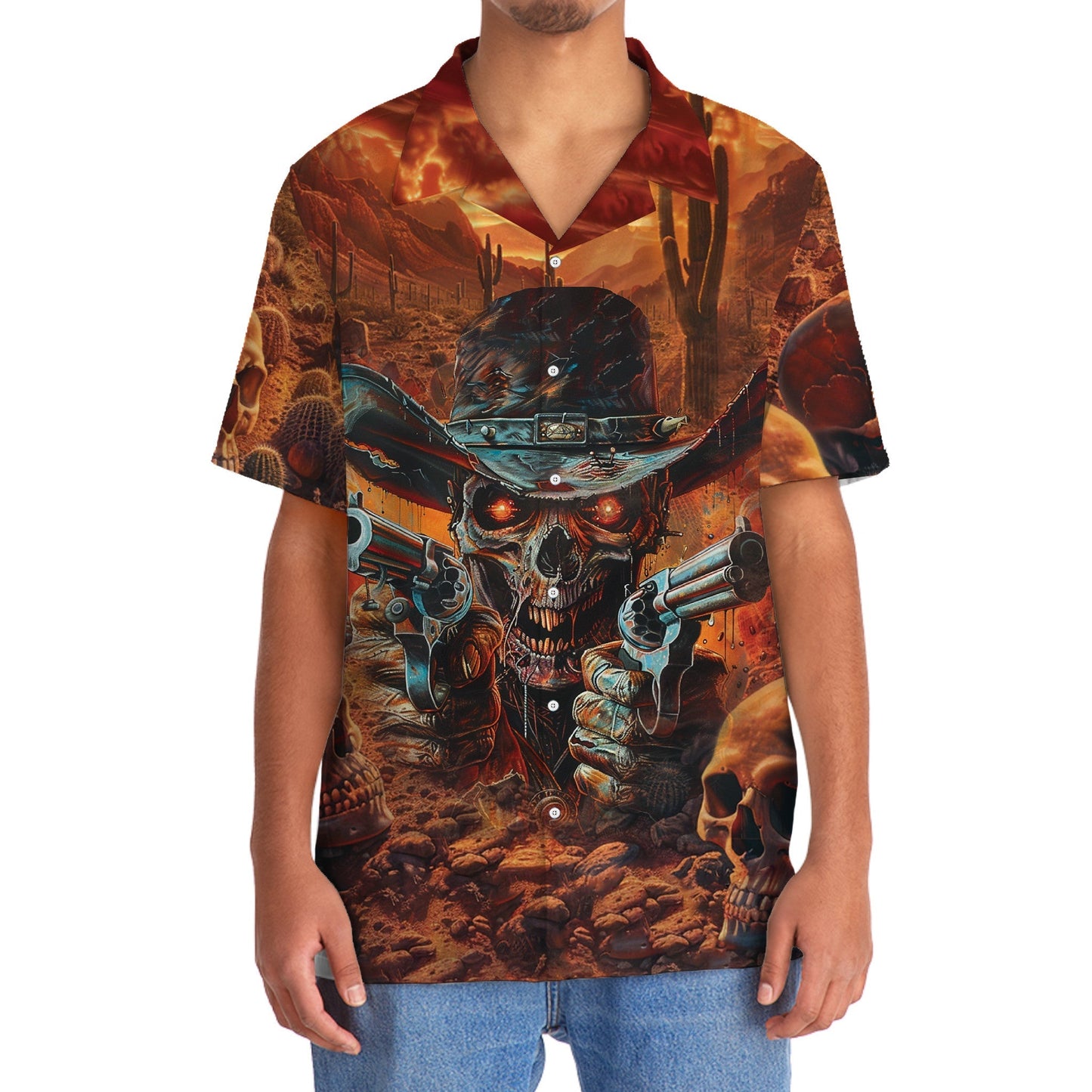 Western Skull Cowboy Sheriff Hawaiian Shirt Design View For Casual Summer Styling