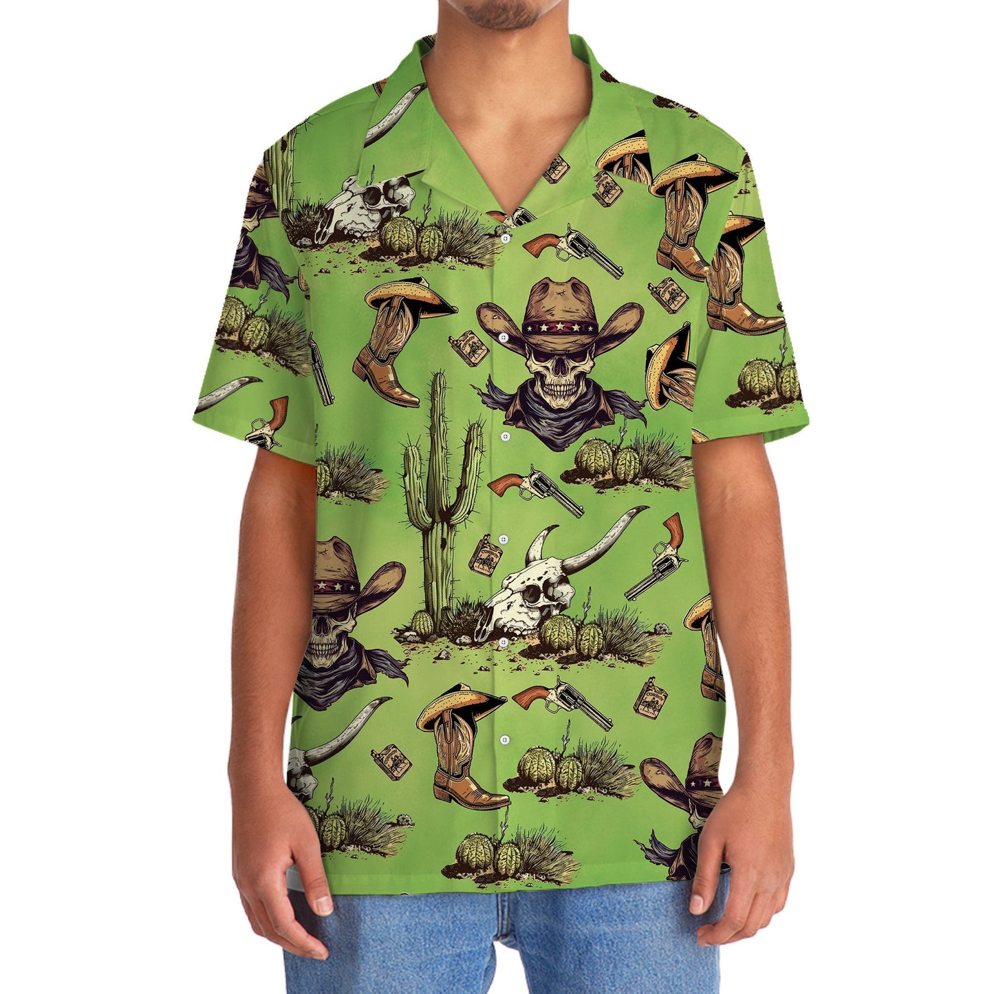 Skull Cowboy Cactus Desert Hawaiian Shirt Artwork Detail For Tropical Trips And Casual Outings