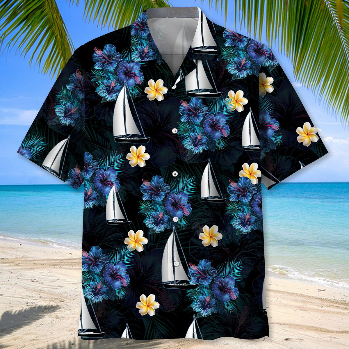 Sailboat Ocean Breeze Nautical Hawaiian Shirt Artwork Detail For Resort Trips And Outdoor Activities