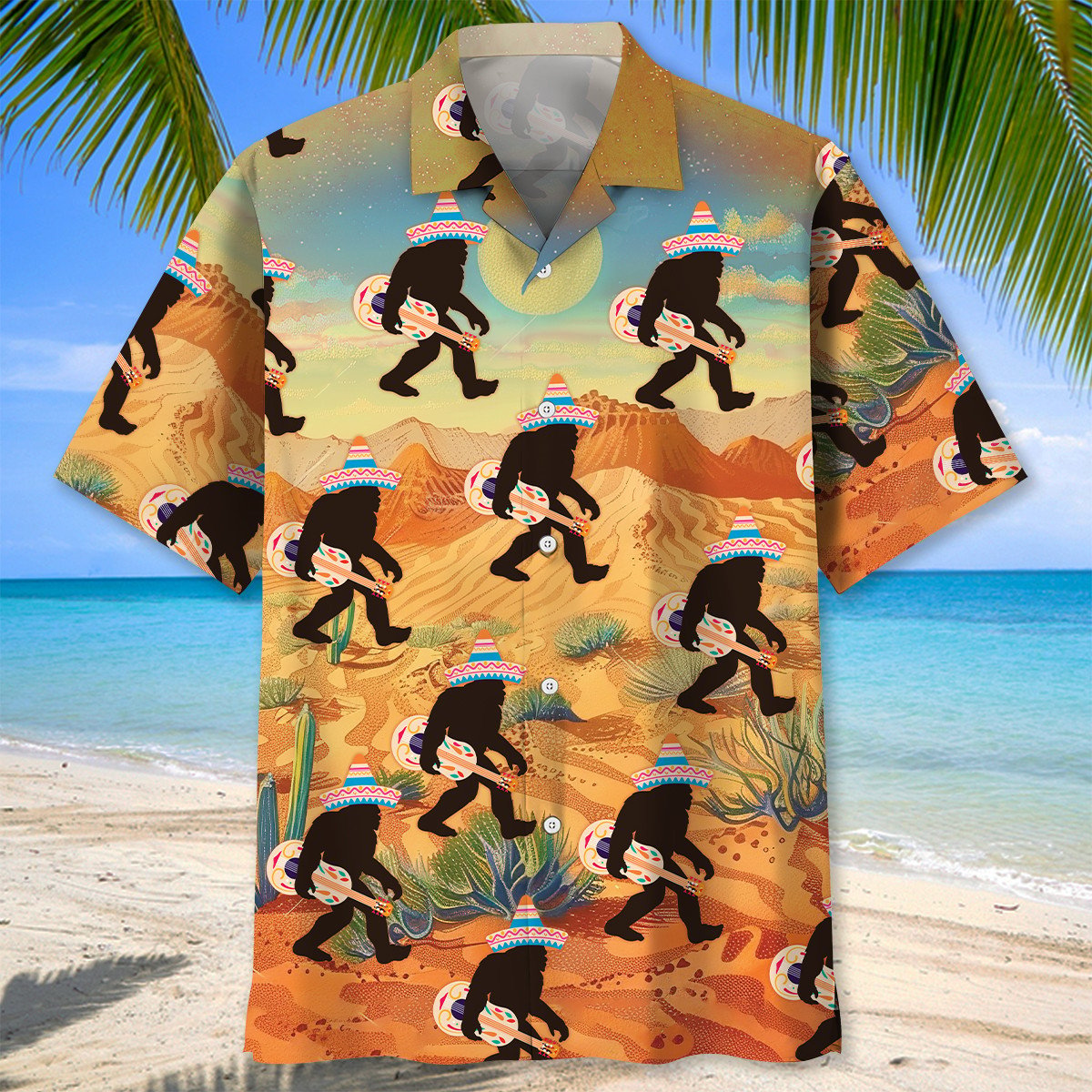 Forest Creature Sasquatch Poncho Desert Hawaiian Shirt Artwork Detail For Resort Trips And Outdoor Activities