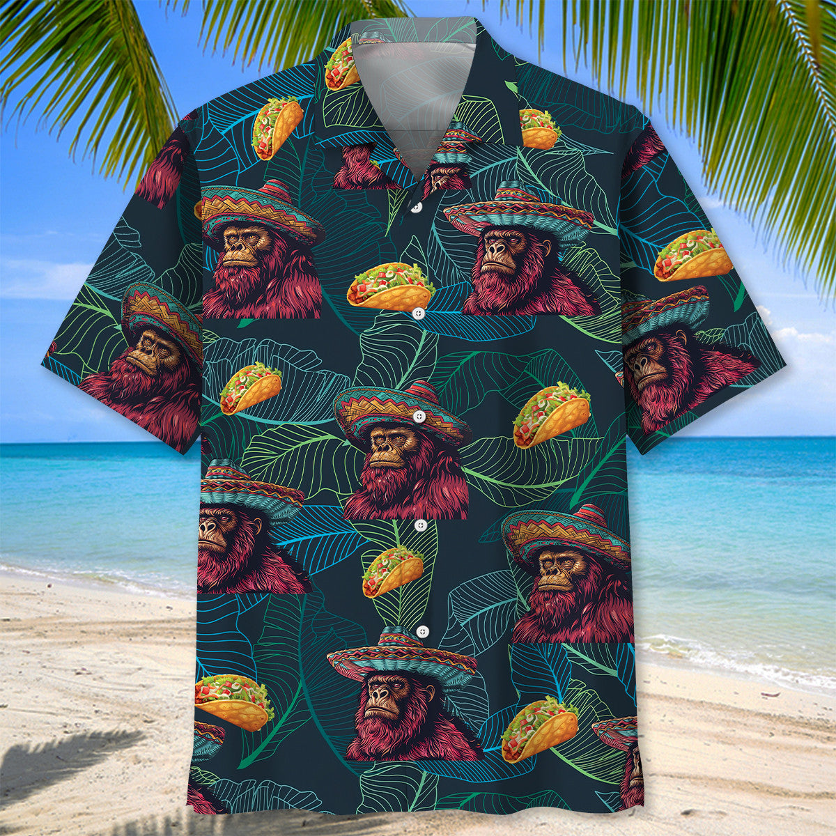 Forest Creature Sasquatch Poncho Tacos Fun Hawaiian Shirt Artwork View For Weekend Travel And Beach Style