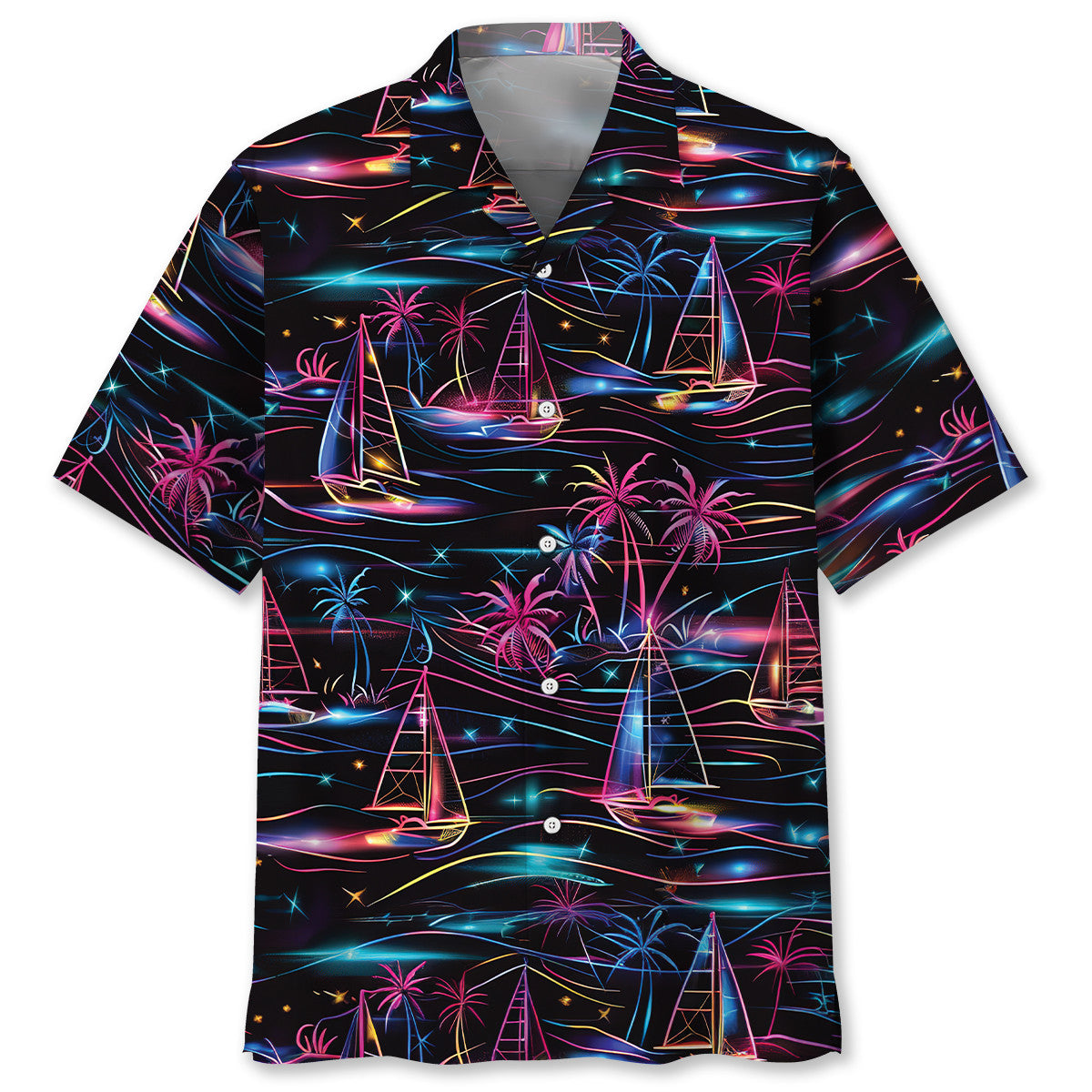 Neon Tropical Sailboat Sunset Hawaiian Shirt For Coastal Adventures And Warm Weather Wear