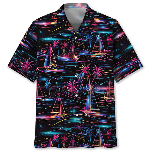 Neon Tropical Sailboat Sunset Hawaiian Shirt For Coastal Adventures And Warm Weather Wear