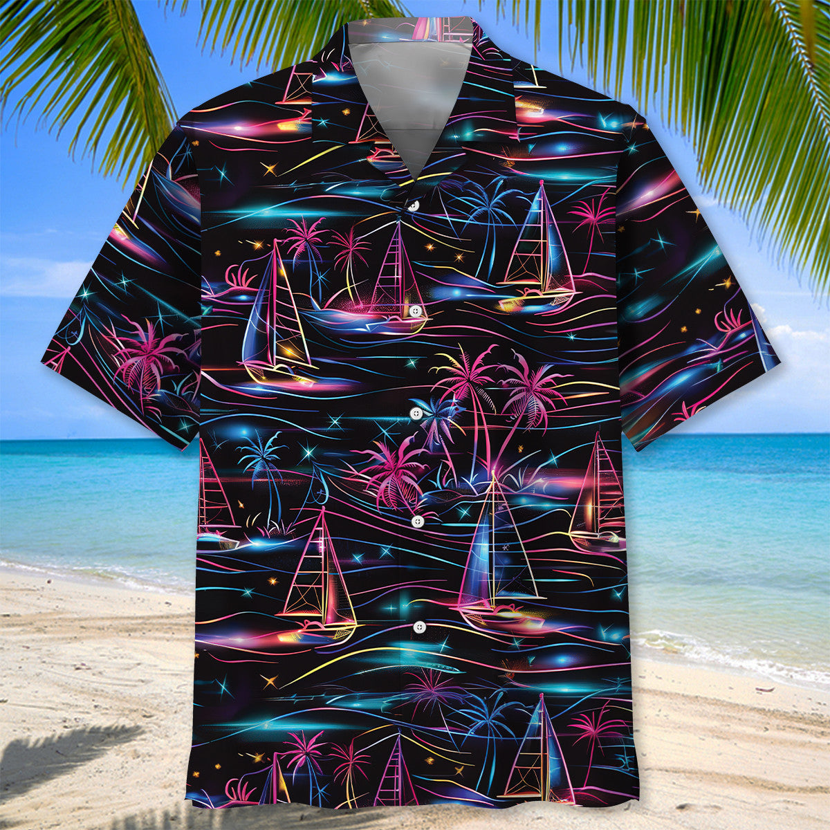 Neon Tropical Sailboat Sunset Hawaiian Shirt Pattern Detail For Summer Holidays And Outdoor Fun