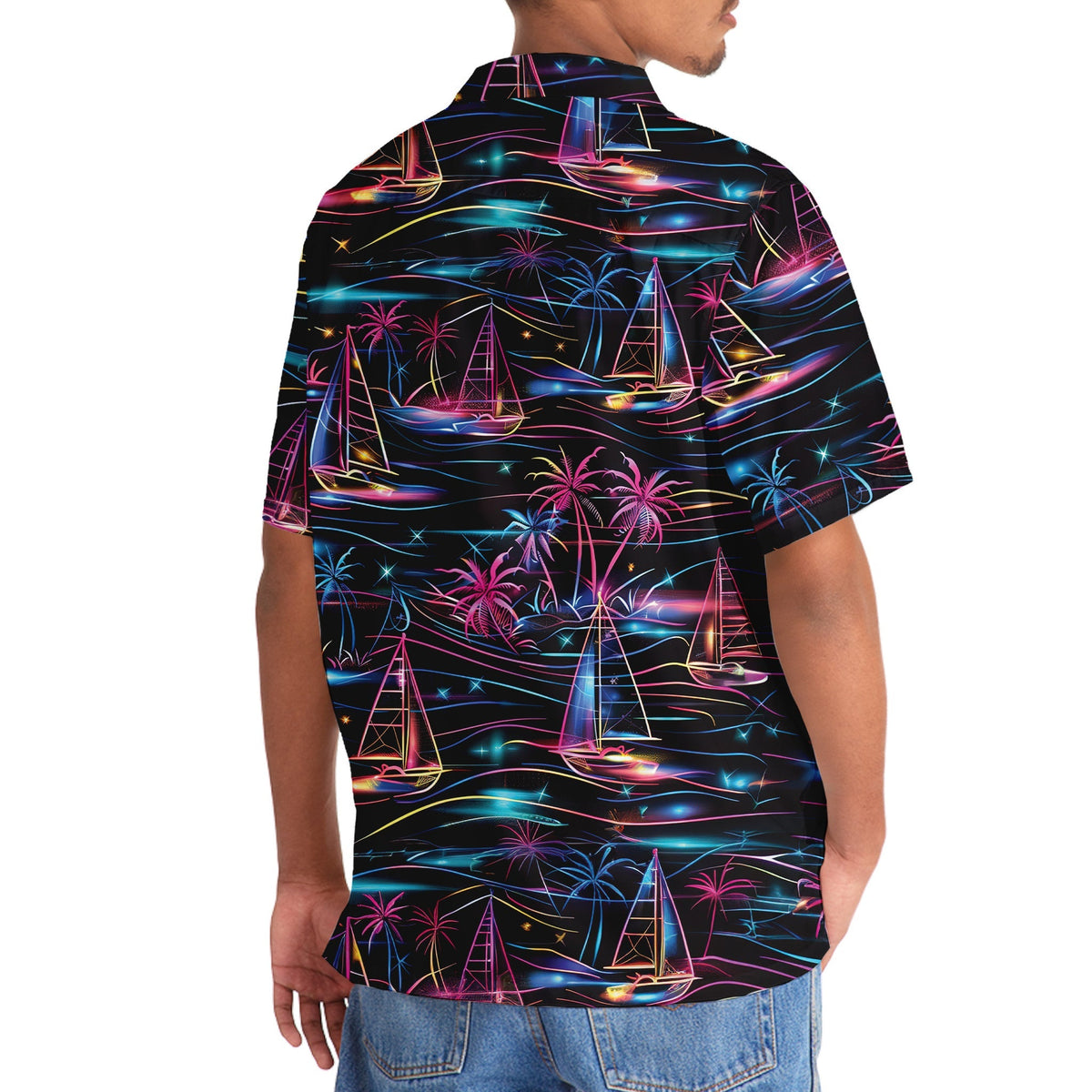 Neon Tropical Sailboat Sunset Hawaiian Shirt For Vacation Days And Relaxed Coastal Outings