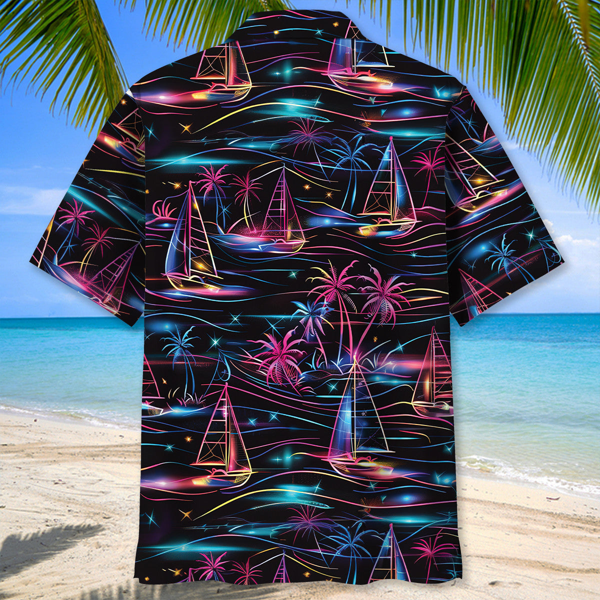 Neon Tropical Sailboat Sunset Hawaiian Shirt Artwork View For Weekend Travel And Beach Style