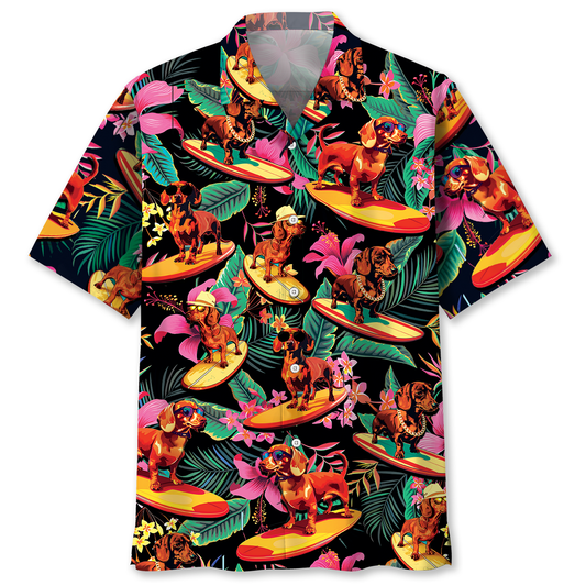 Tropical Dachshund Surfing Fun Hawaiian Shirt For Resort Getaways And Comfortable Summer Activities