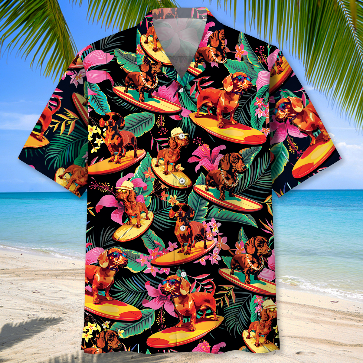 Tropical Dachshund Surfing Fun Hawaiian Shirt For Summer Vacation And Beach Travel