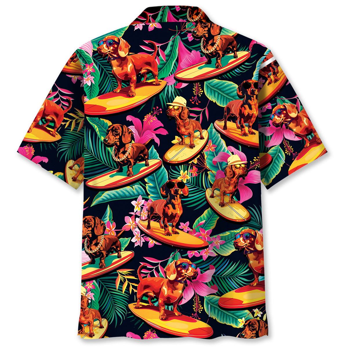 Tropical Dachshund Surfing Fun Hawaiian Shirt Pattern View For Relaxed Warm Weather Outfits