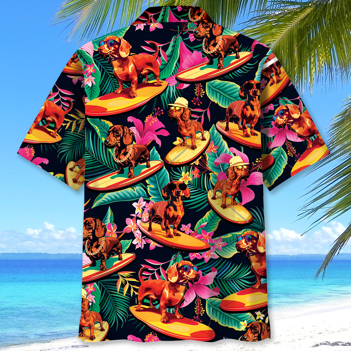 Tropical Dachshund Surfing Fun Hawaiian Shirt Artwork Detail For Resort Trips And Outdoor Activities