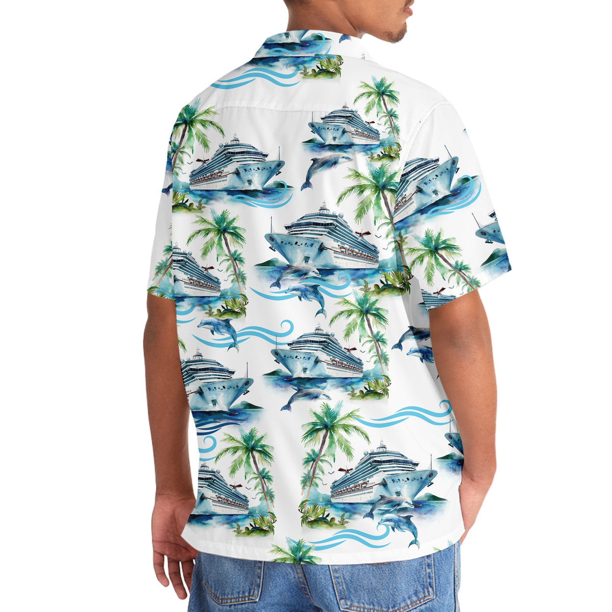 Vintage Ship Dolphin Cruise Coastal Hawaiian Shirt Artwork Detail For Resort Trips And Outdoor Activities