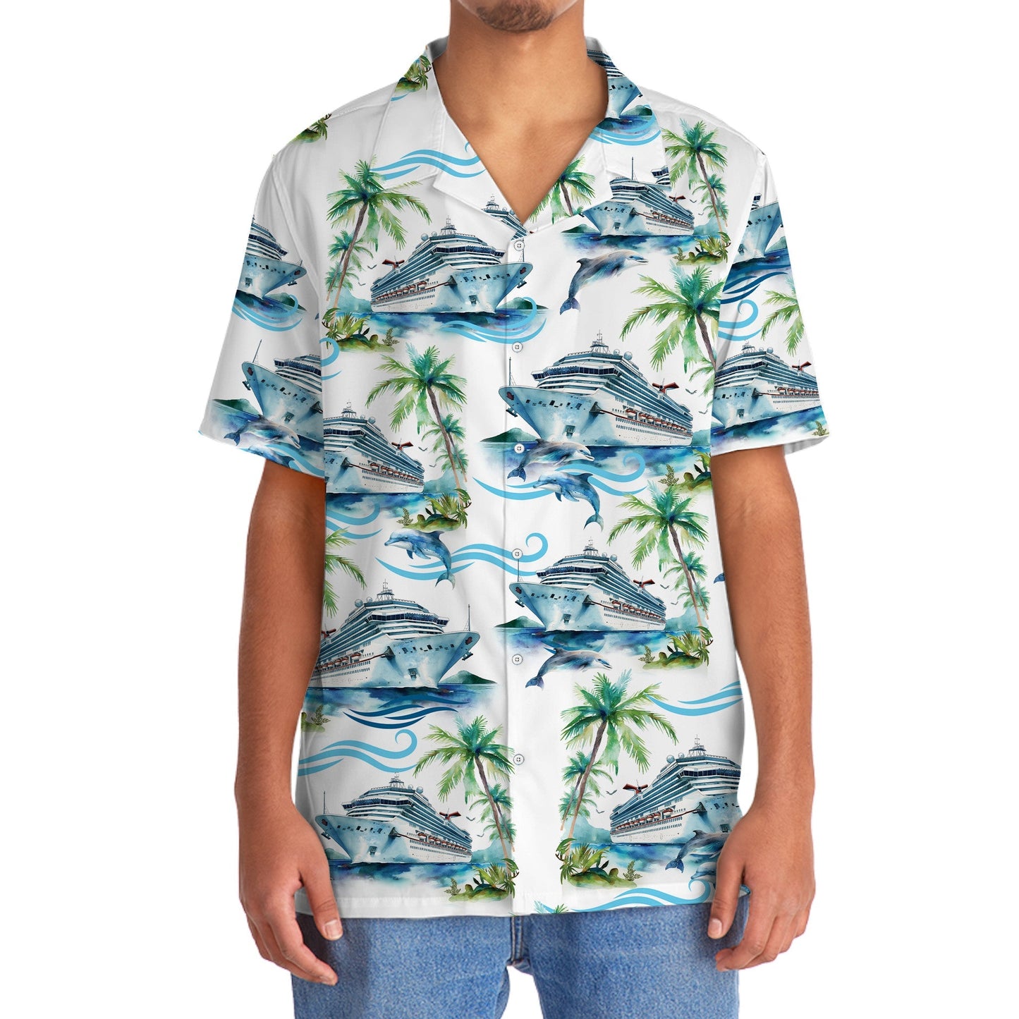 Vintage Ship Dolphin Cruise Coastal Hawaiian Shirt Design View For Casual Summer Styling