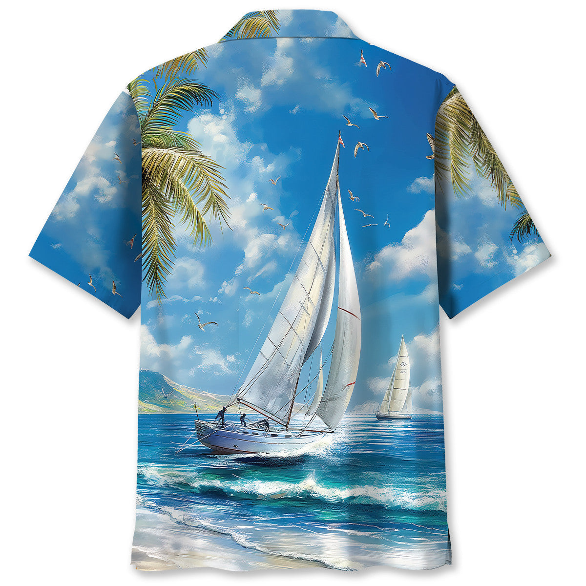 Vintage Tranquil Sailboat Coastal Hawaiian Shirt Pattern View For Lightweight Everyday Style