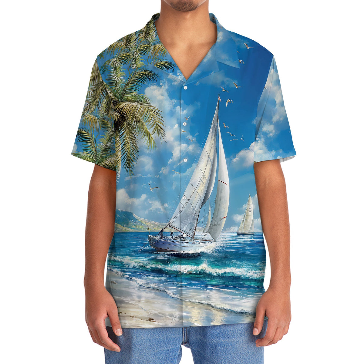 Vintage Tranquil Sailboat Coastal Hawaiian Shirt Artwork Detail For Tropical Trips And Casual Outings