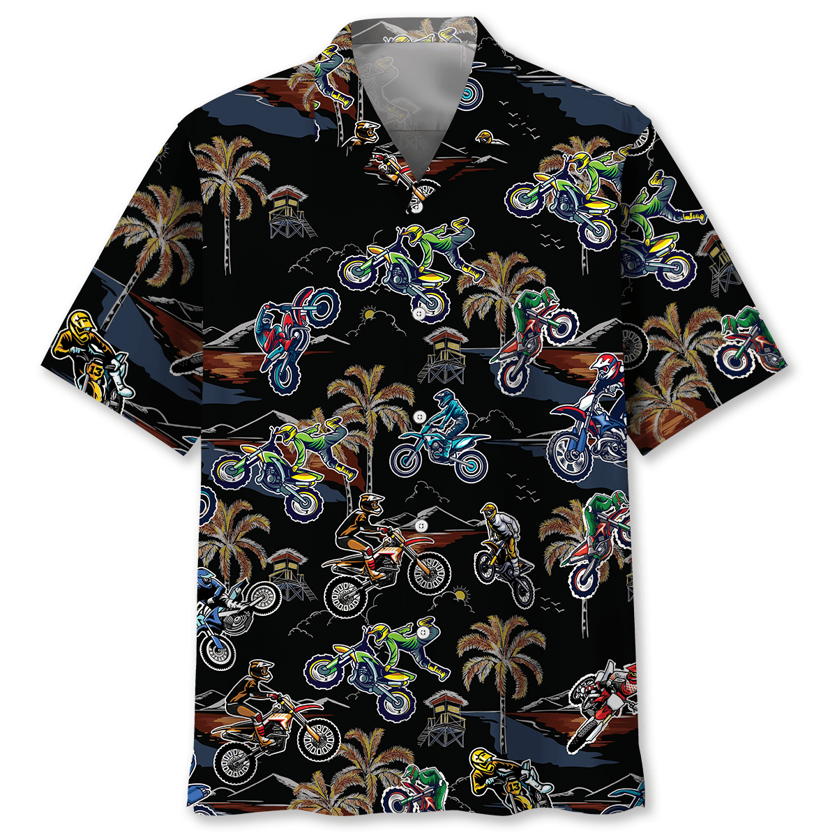 Black Tropical Bicycle Dirt Racing Hawaiian Shirt For Resort Getaways And Comfortable Summer Activities
