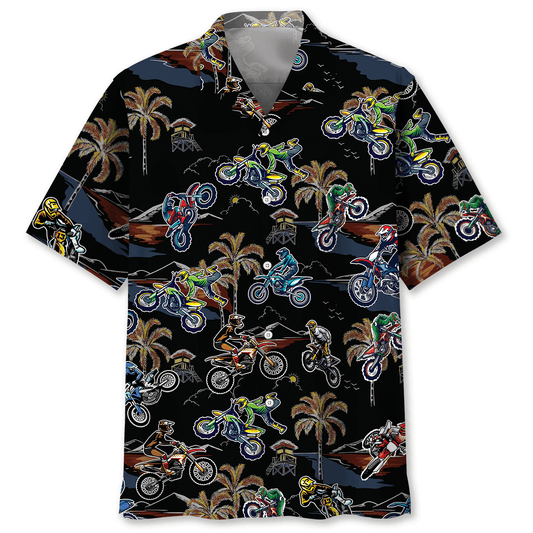 Black Tropical Bicycle Dirt Racing Hawaiian Shirt For Resort Getaways And Comfortable Summer Activities