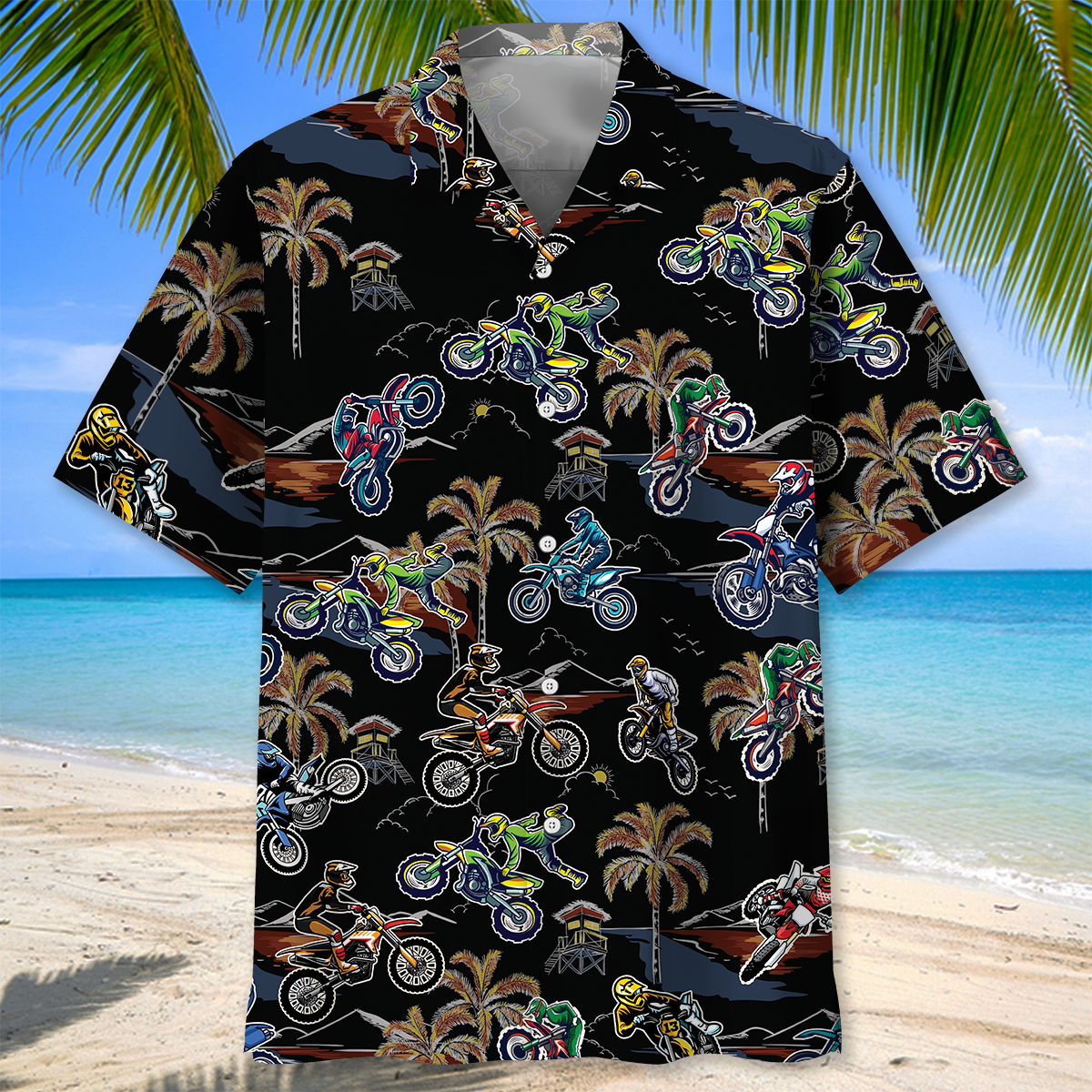 Black Tropical Bicycle Dirt Racing Hawaiian Shirt For Summer Vacation And Beach Travel