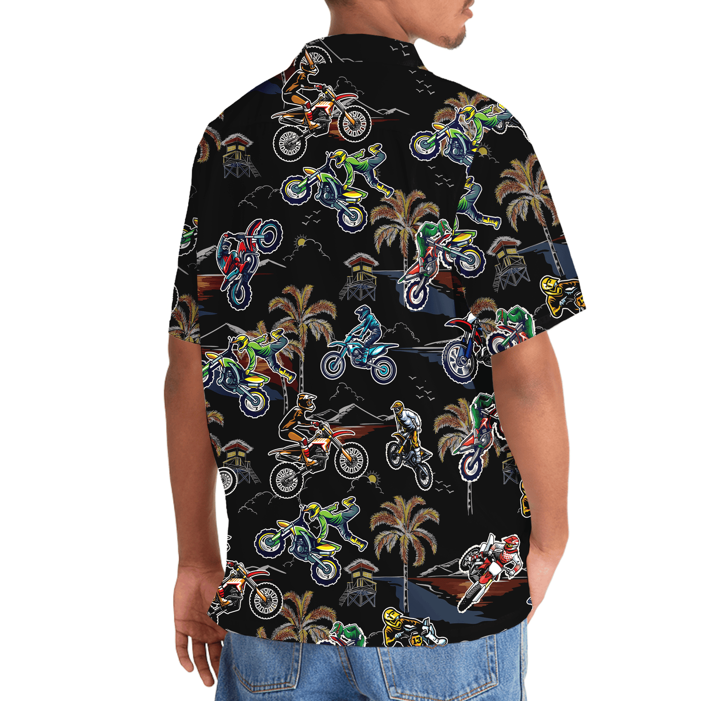 Black Tropical Bicycle Dirt Racing Hawaiian Shirt Pattern View For Relaxed Warm Weather Outfits