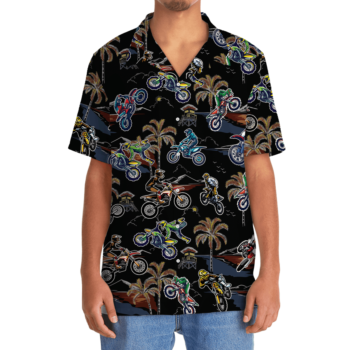 Black Tropical Bicycle Dirt Racing Hawaiian Shirt Artwork Detail For Resort Trips And Outdoor Activities