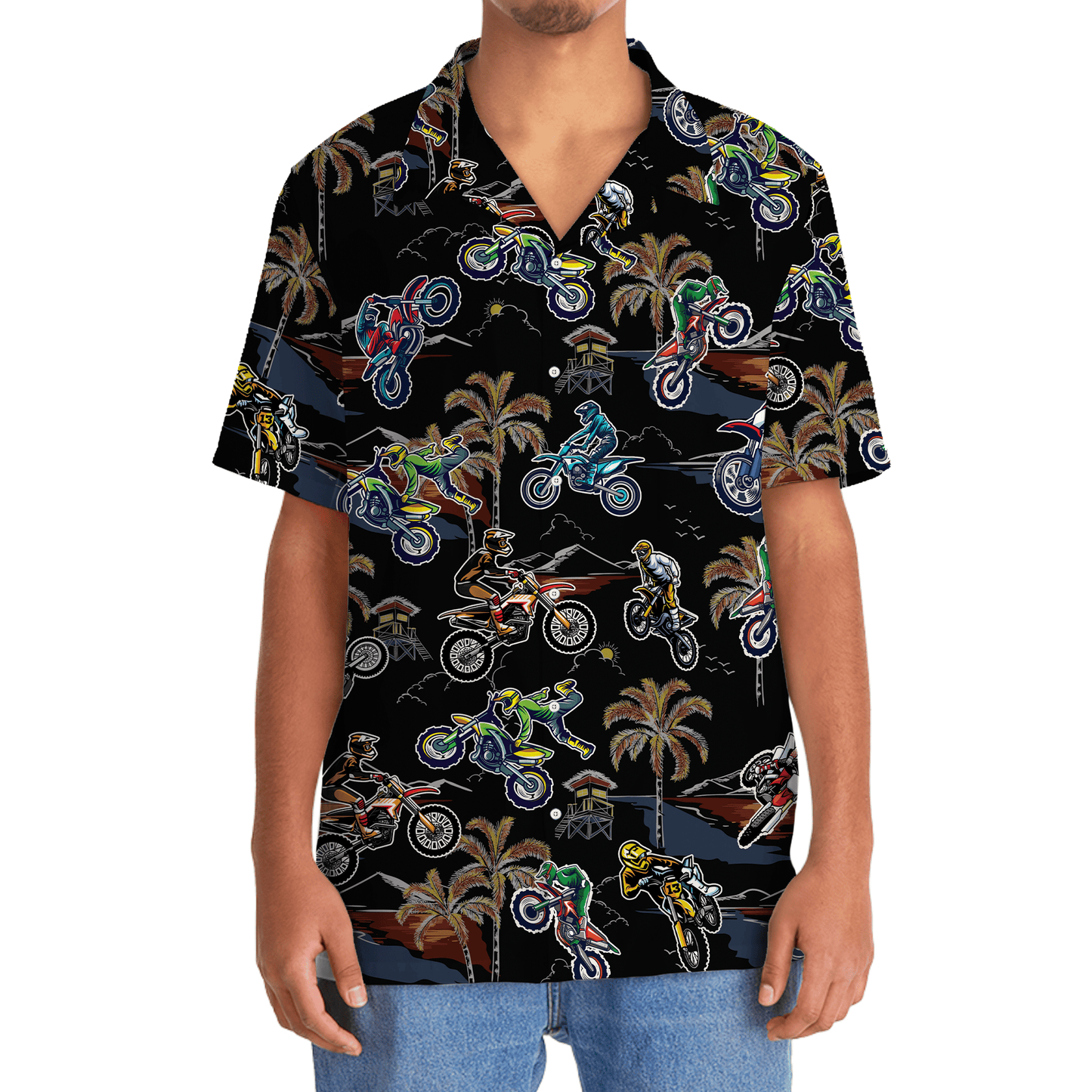 Black Tropical Bicycle Dirt Racing Hawaiian Shirt Artwork Detail For Resort Trips And Outdoor Activities