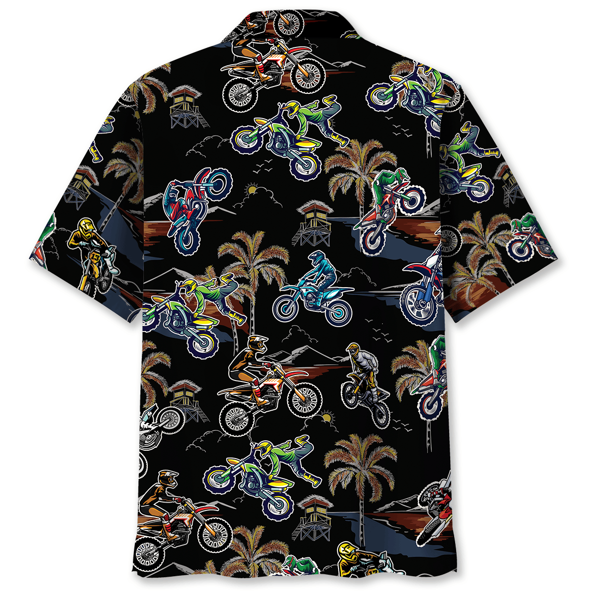 Black Tropical Bicycle Dirt Racing Hawaiian Shirt Design View For Casual Summer Styling