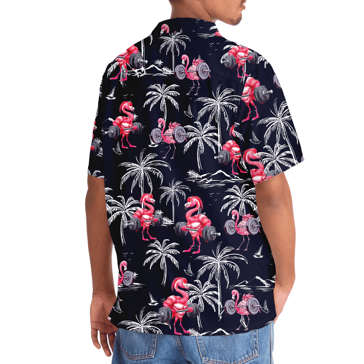 Funny Tropical Flamingo Gym Hawaiian Shirt Pattern View For Relaxed Warm Weather Outfits