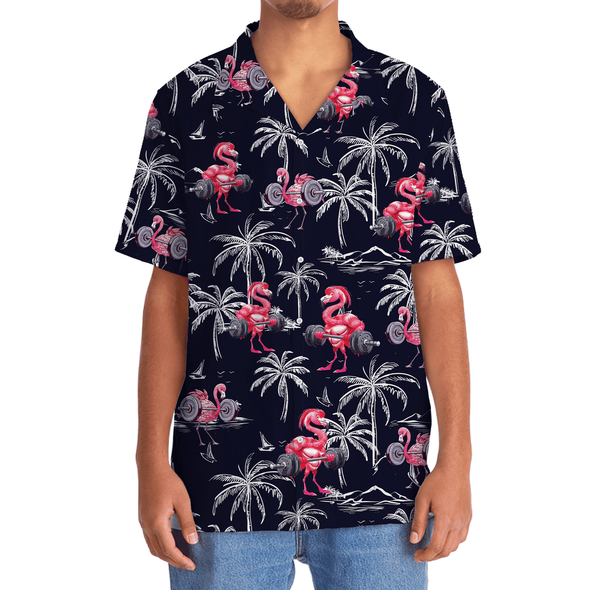 Funny Tropical Flamingo Gym Hawaiian Shirt Artwork Detail For Resort Trips And Outdoor Activities