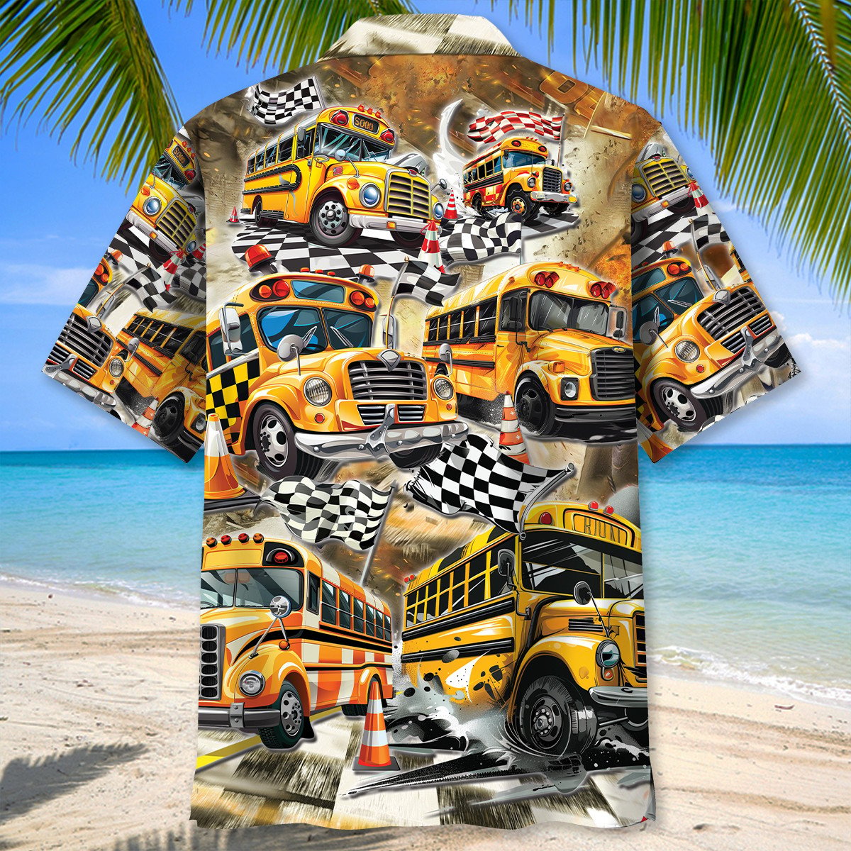 Funny School Bus Drag Racing Hawaiian Shirt Design View For Resort Travel And Thoughtful Gifting