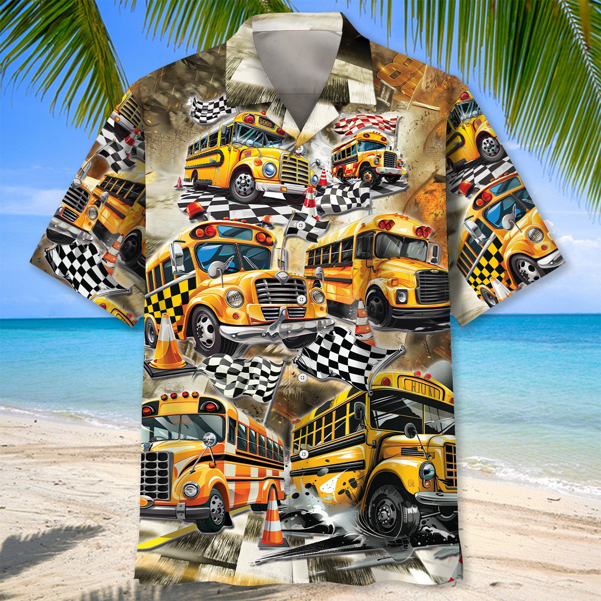Funny School Bus Drag Racing Hawaiian Shirt Artwork Detail For Tropical Trips And Casual Outings