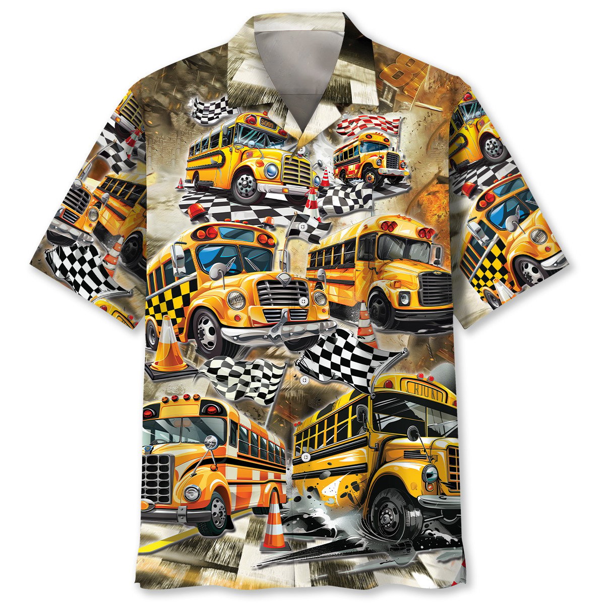 Funny School Bus Drag Racing Hawaiian Shirt Pattern View For Lightweight Everyday Style