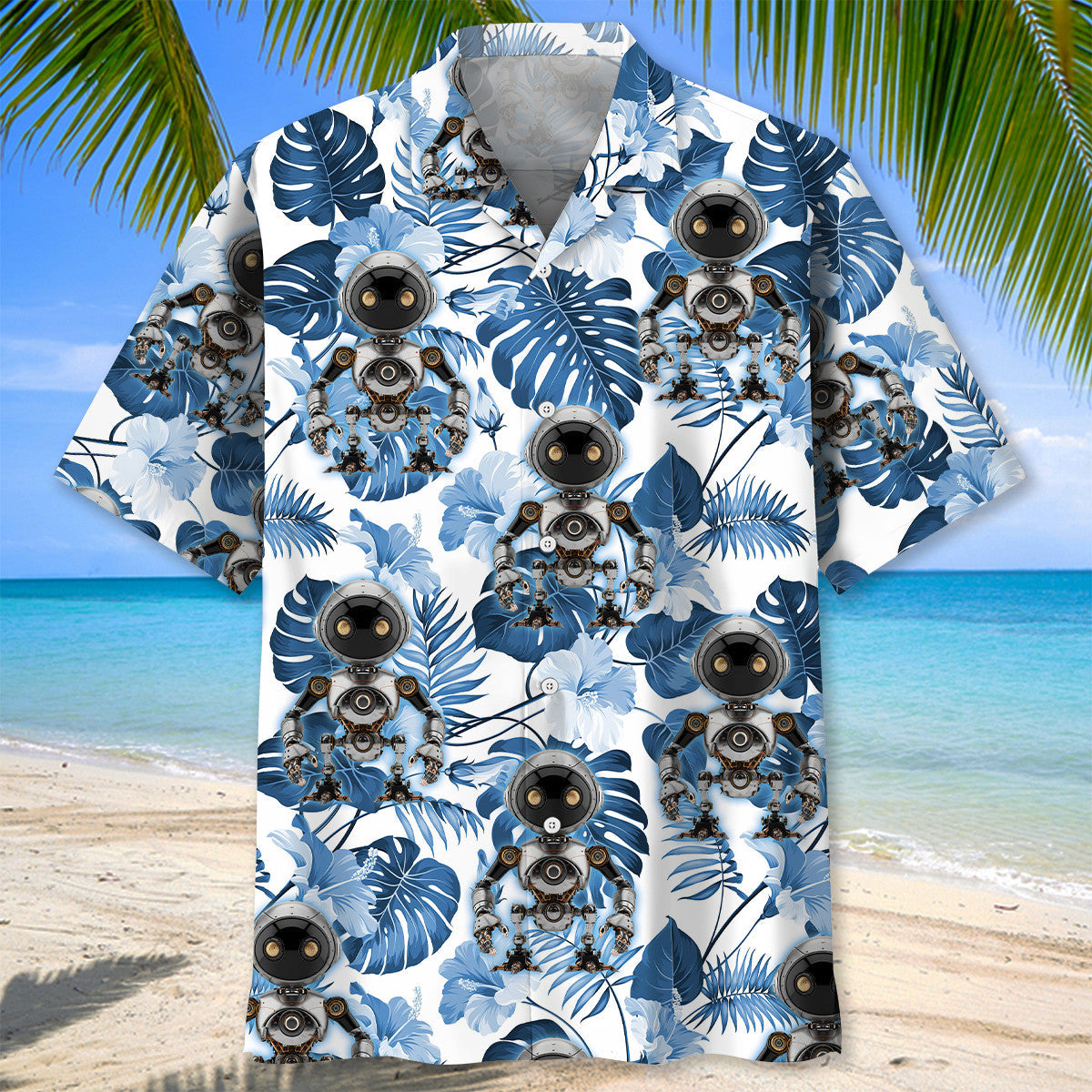 Robotic Tech Hawaiian Shirt Design Detail For Beach Days And Holiday Travel