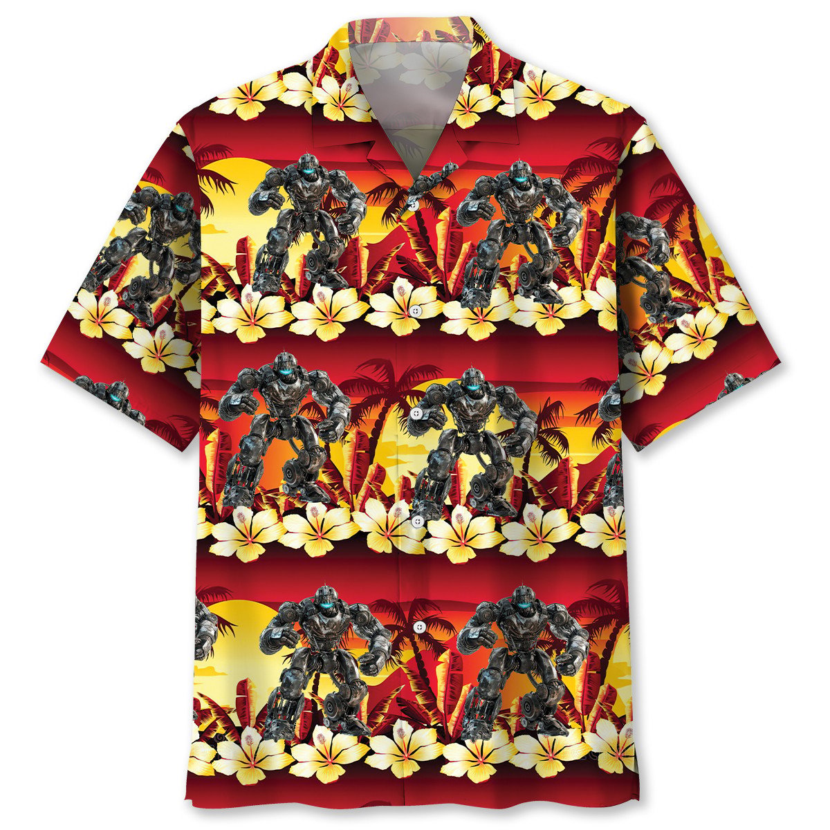 Tropical Robotic Futuristic Hawaiian Shirt Artwork View For Coastal Escapes And Resort Style