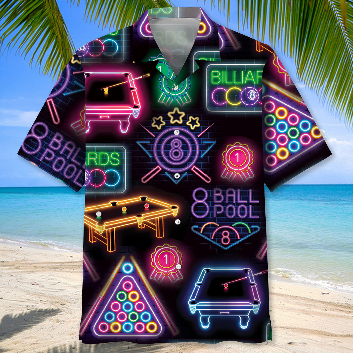 Neon Black Game Billiard Hawaiian Shirt For Vacation Days And Relaxed Coastal Outings
