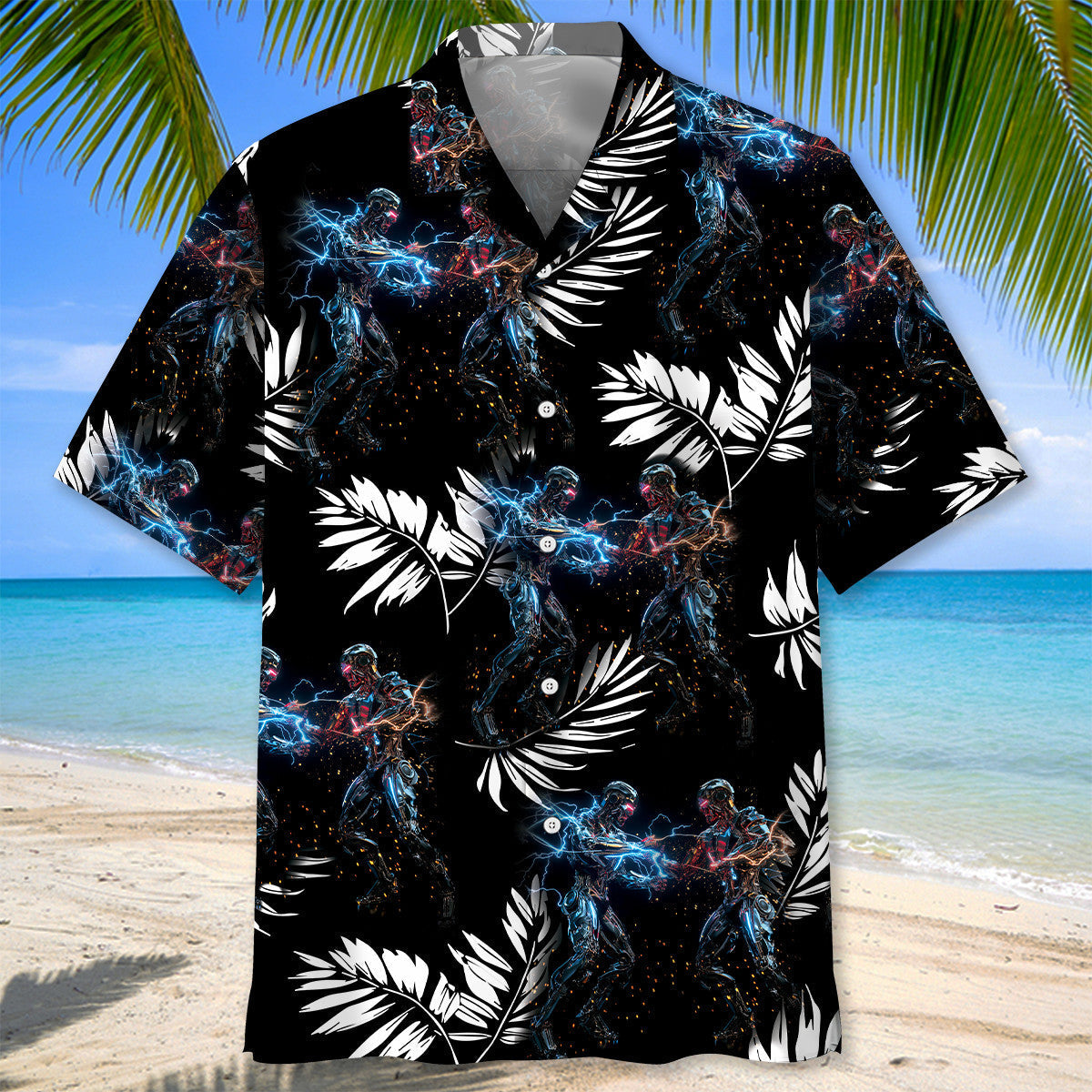 Floral Tropical Robotic Fusion Hawaiian Shirt Design View For Casual Summer Styling