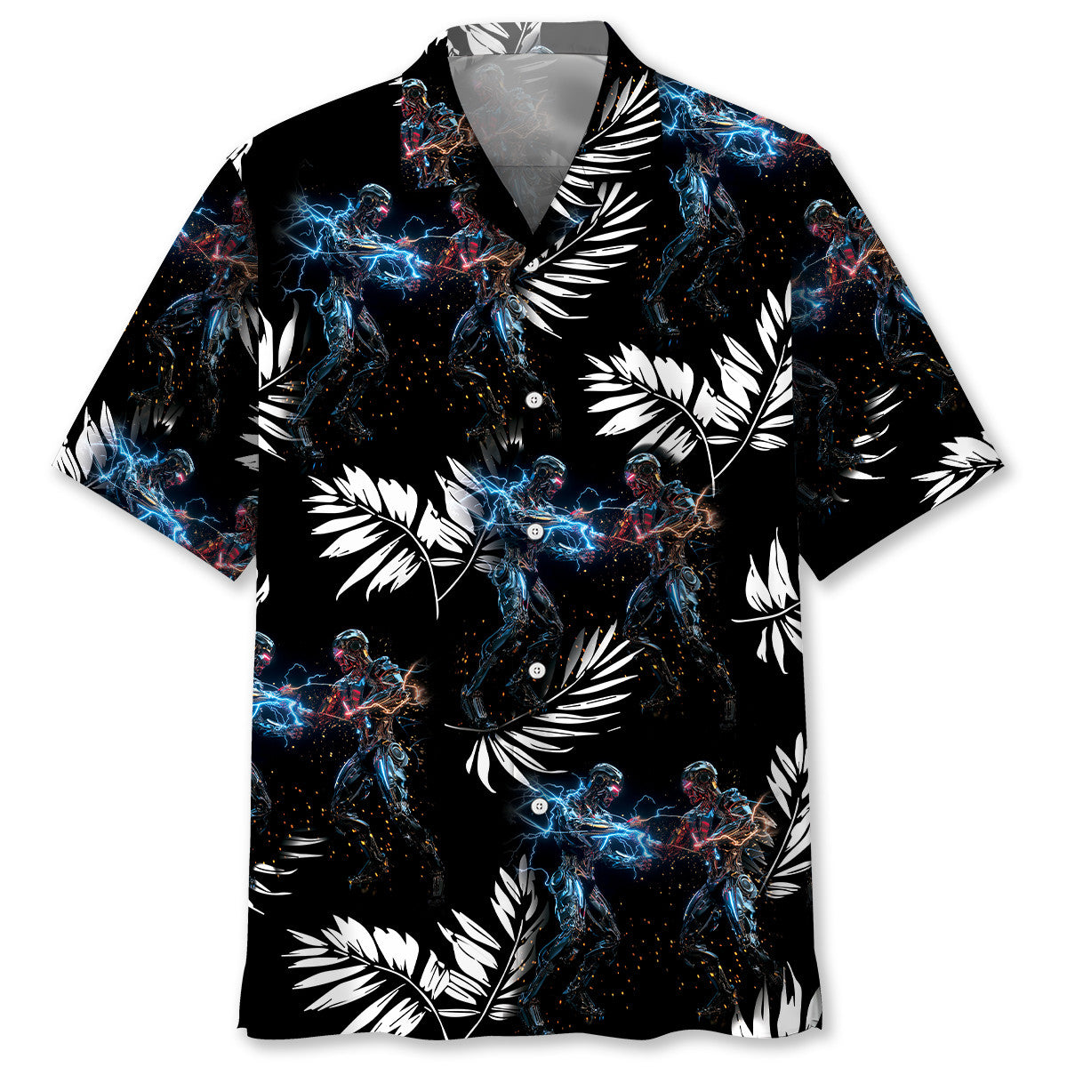 Floral Tropical Robotic Fusion Hawaiian Shirt Artwork Detail For Resort Trips And Outdoor Activities