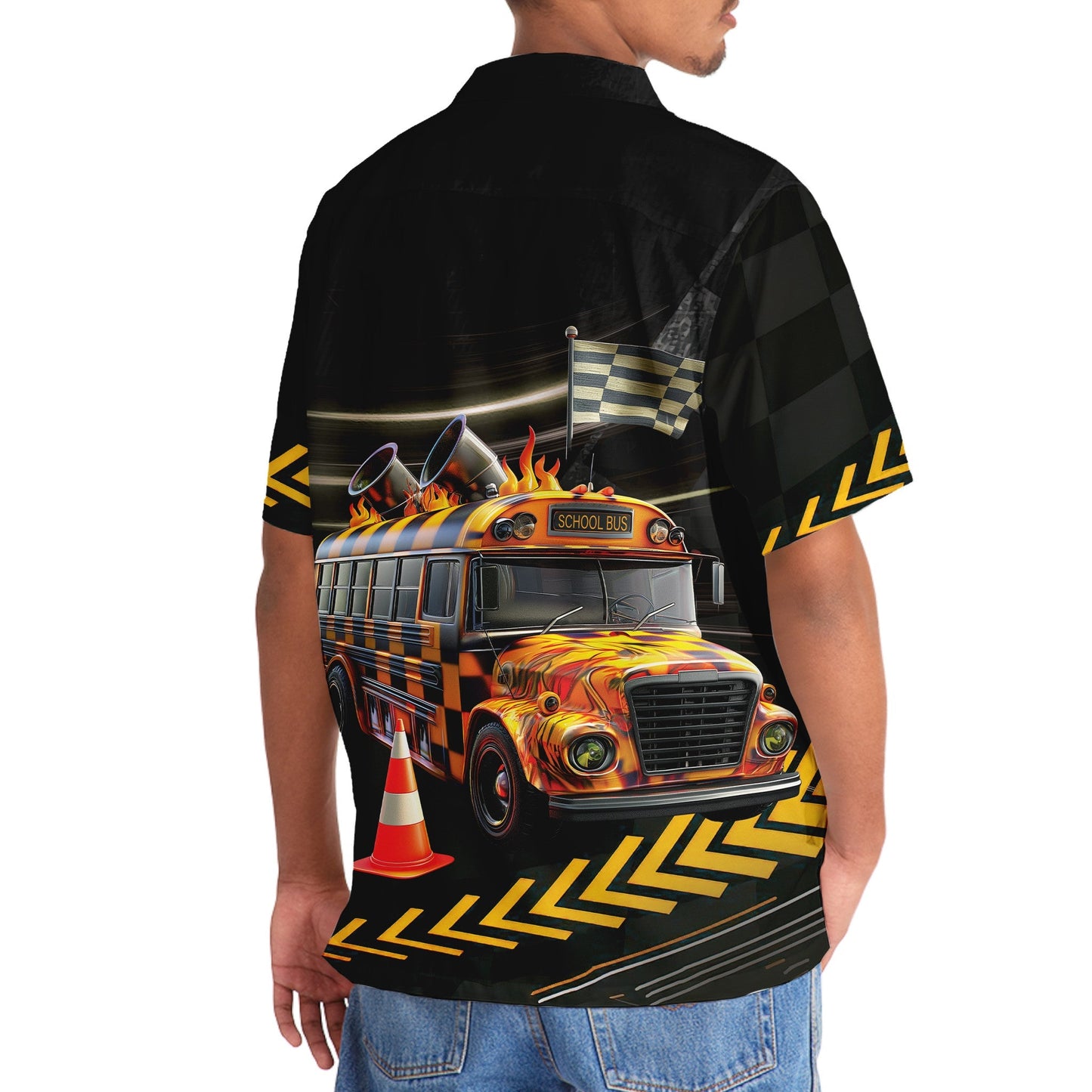 Racing School Bus Street Fun Hawaiian Shirt For Summer Events And Casual Outdoor Wear